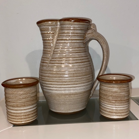 Glazed Hand Crafted Decorative Clay Pitcher and Cup Set-of 2 - Picture 1 of 16